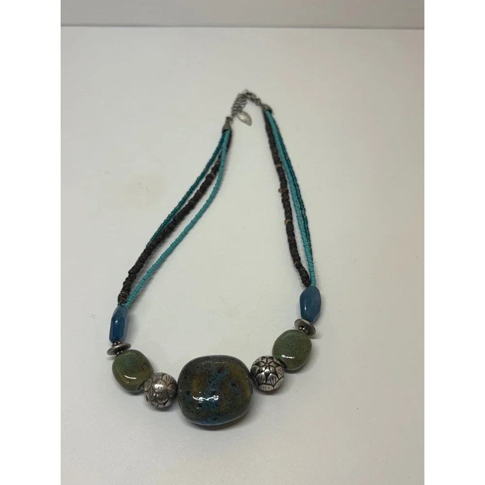 Coldwater Creek Multi-Strand Beaded Necklace Green Blue Ceramic Silver Boho